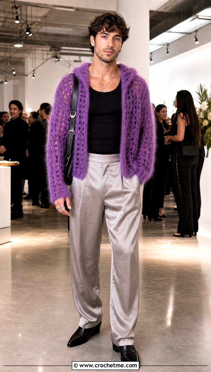 Mohair Look Crochet Hoodie With Satin Trousers - 30 Crochet Hoodies For Men outfit ideas