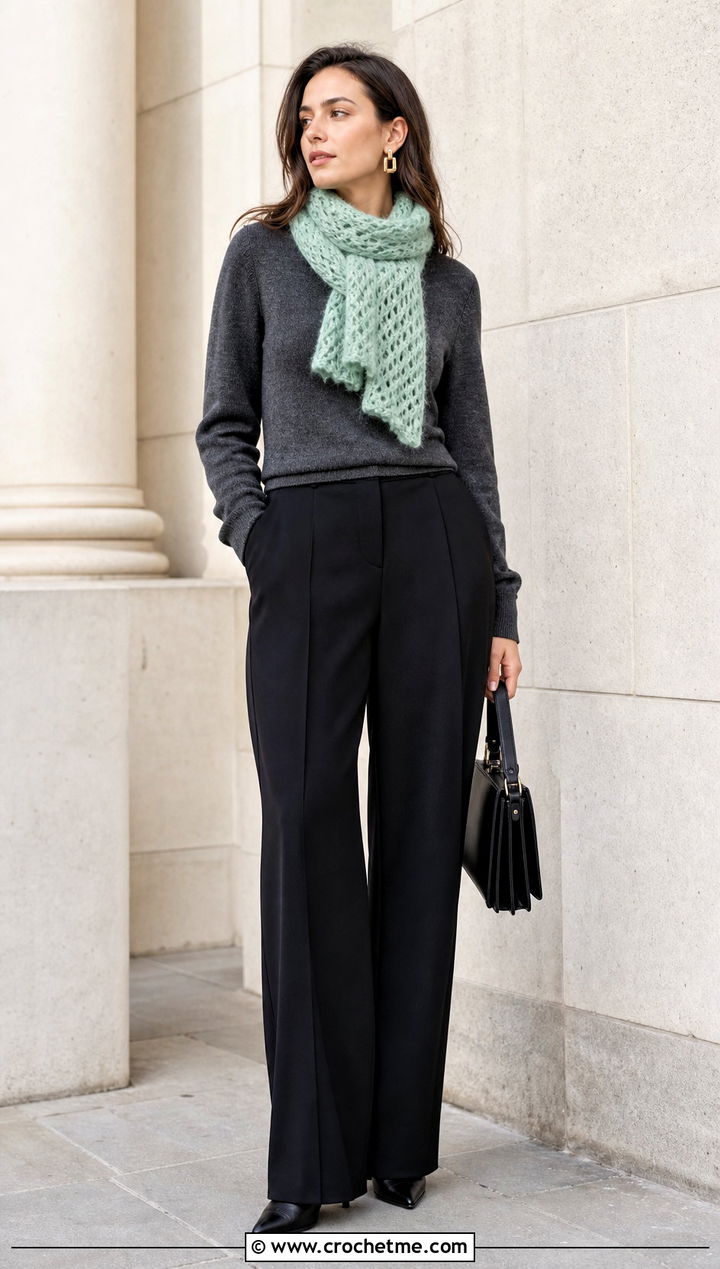 Mohair Look Crochet Mini Scarf With Sweater And Wide Leg Pants - 35 crochet mini scarf outfit ideas