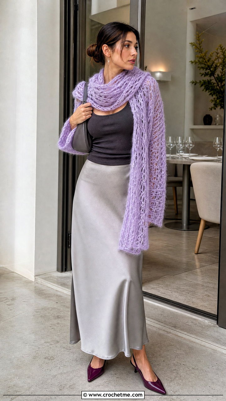 Mohair Look Crochet Sweater Scarf With Slip Skirt - 35 crochet sweater scarf outfit ideas