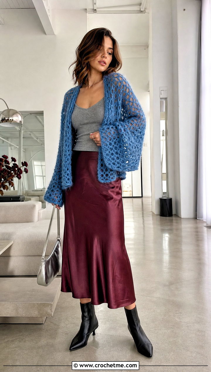 Mohair Look Crochet Wrap Shrug With Satin Midi Skirt - 35 Crochet Wrap Shrug outfit ideas