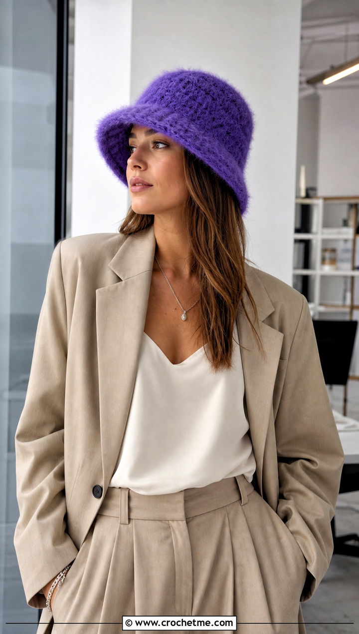Mohair Look Fuzzy Crochet Bucket Hat With Blazer - 25 fuzzy crochet bucket hat outfit ideas