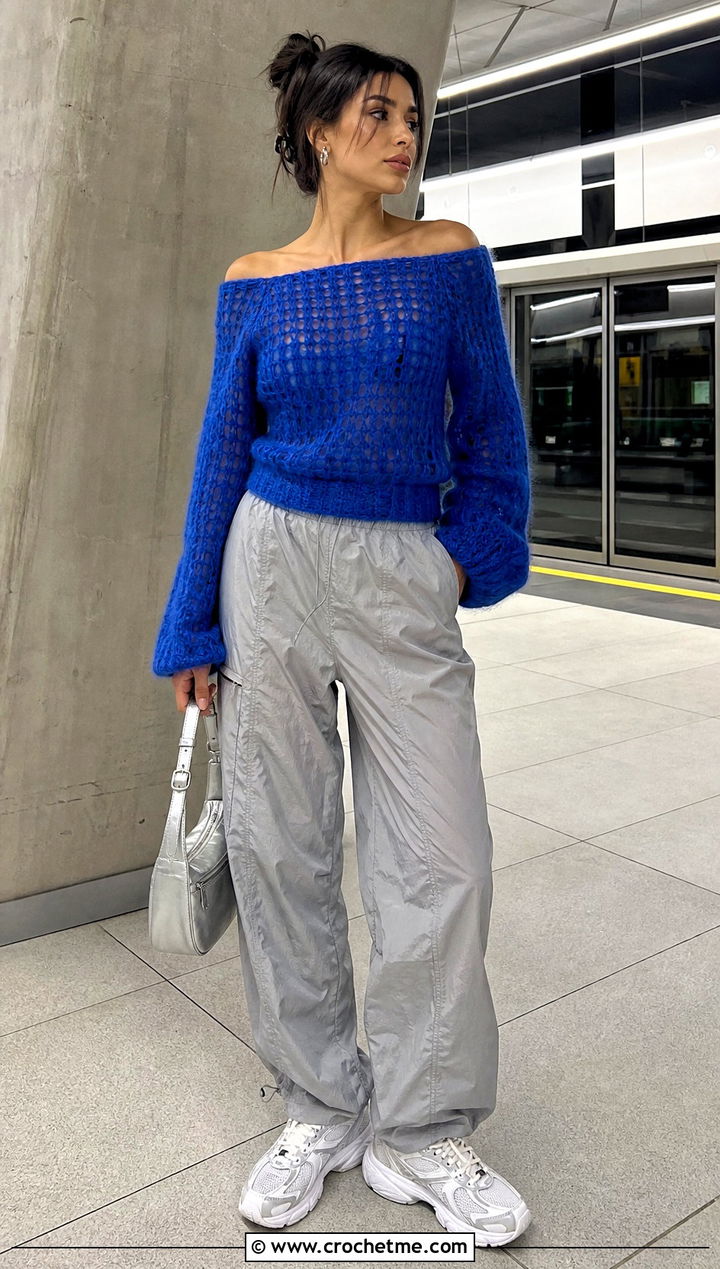 Mohair Look Off The Shoulder Crochet Sweater With Parachute Pants - 30 off the shoulder crochet sweater outfit ideas