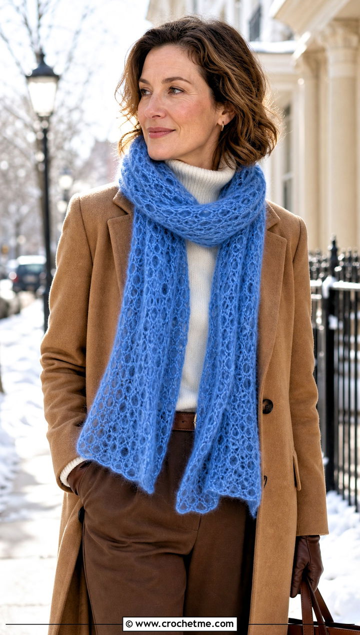 Mohair Mesh Crochet Scarf With Wool Coat And Trousers - 25 Mesh Crochet Scarf outfit ideas