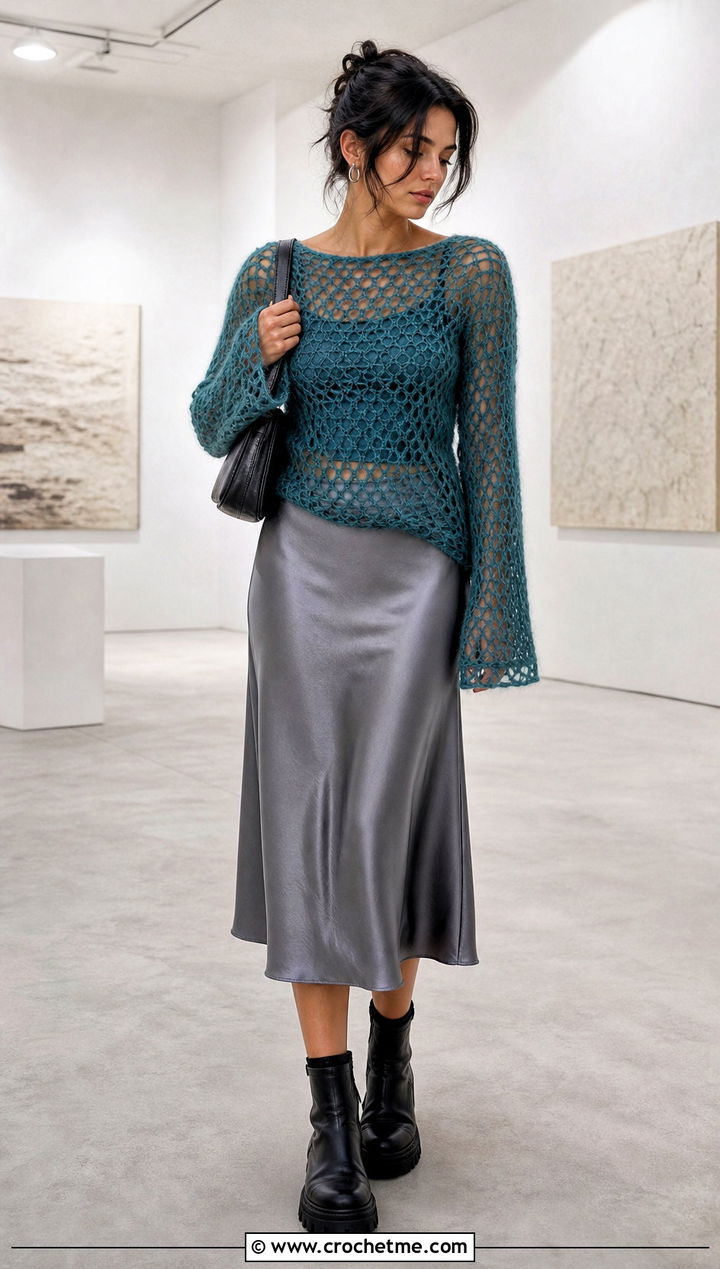Mohair Mesh Crochet Top With Satin Midi Skirt - 35 grunge crochet top outfit ideas