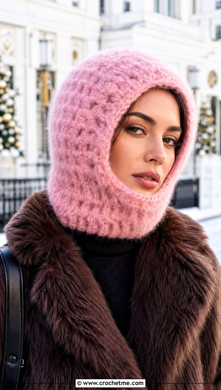 Mohair Pink Crochet Balaclava With Faux Fur Coat - 25 Pink Crochet Balaclava outfit ideas
