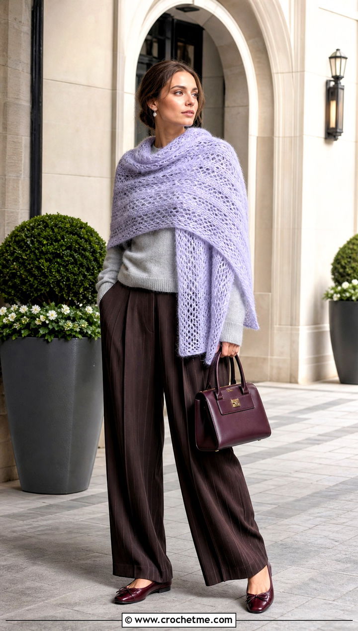 Mohair Rectangle Crochet Shawl With Pleated Trousers - 20 Rectangle Crochet Shawl outfit ideas