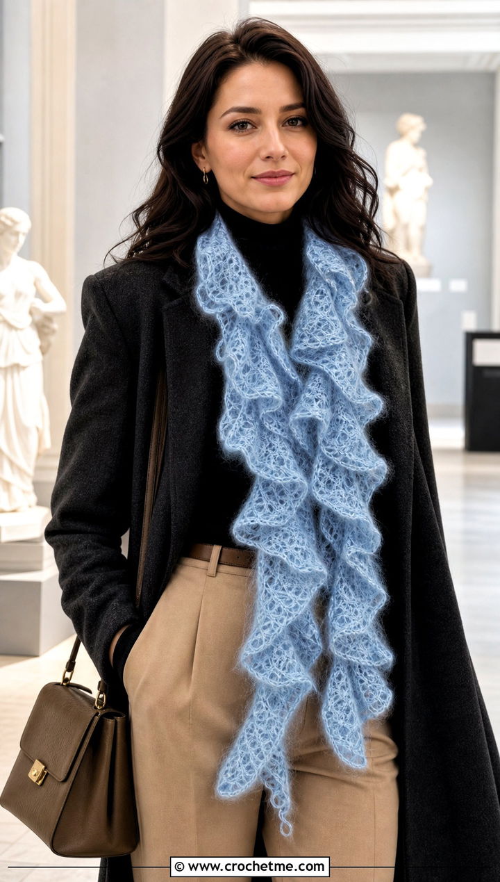 Mohair Ruffle Scarf With Turtleneck And Tailored Trousers - 30 crochet ruffle scarf outfit ideas