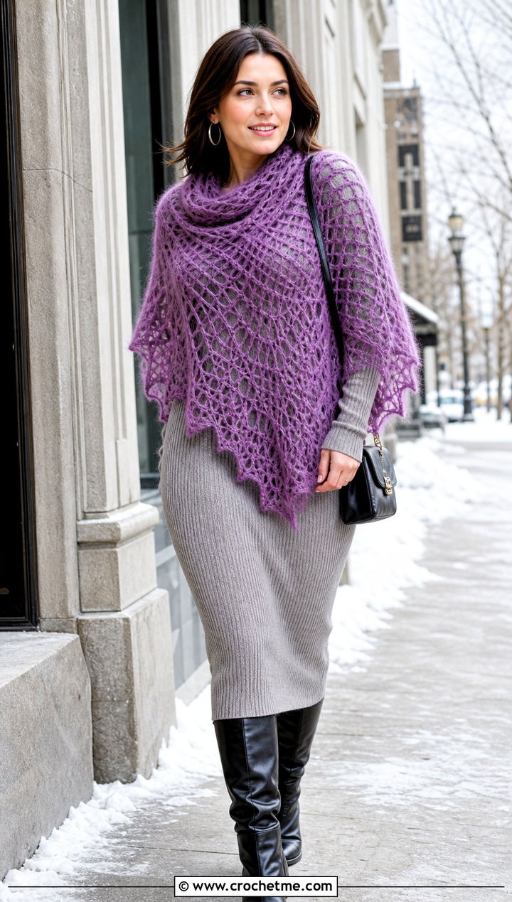 Mohair Spiderweb Crochet Shawl With Knit Dress - 30 spiderweb crochet shawl outfit ideas