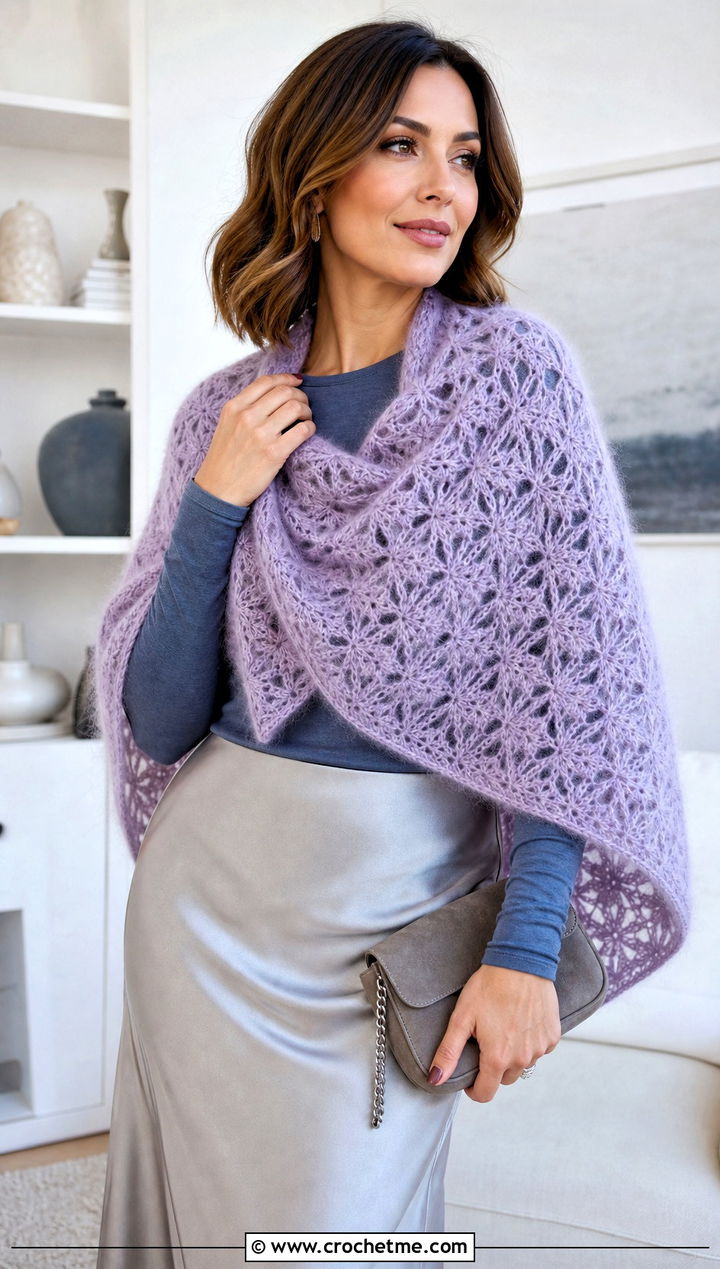 Mohair Star Lace Crochet Shawl With Satin Skirt - 30 star crochet shawl outfit ideas