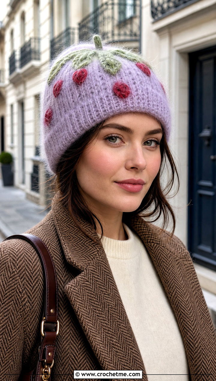 Mohair Strawberry Beanie With Pleated Trousers - 30 Crochet Strawberry Beanie outfit ideas