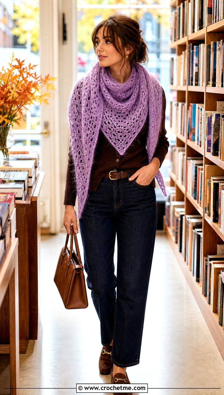 Mohair Triangle Crochet Shawl With Cardigan And Straight Jeans - 35 triangle crochet shawl outfit ideas