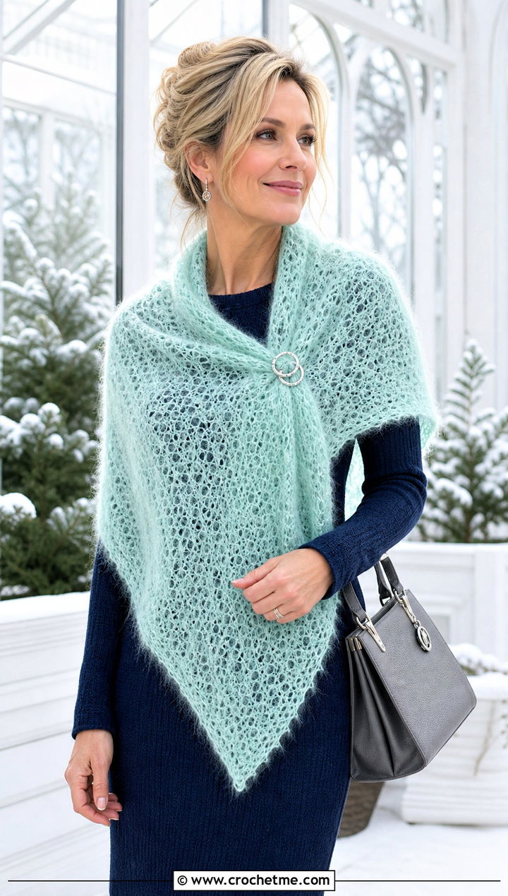 Mohair Triangle Shawl With Knit Dress And Boots - 30 easy crochet triangle shawl outfit ideas