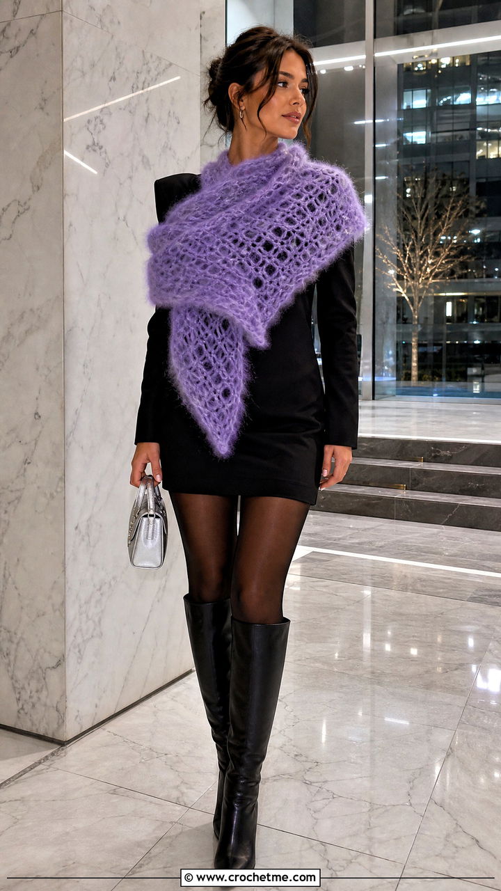 Mohair Triangle Shawl With Mini Dress - 35 crochet triangle shawl outfit ideas