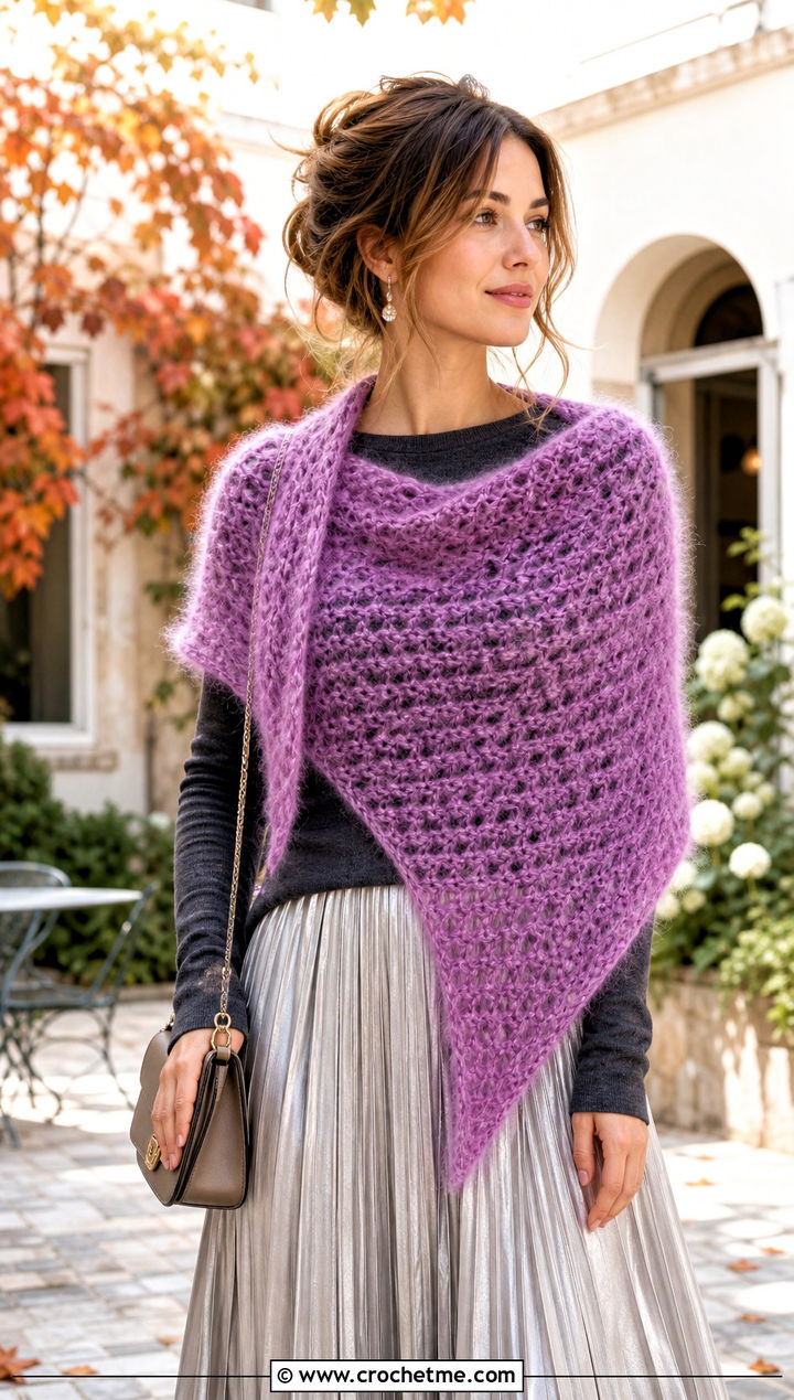 Mohair Triangle Shawlette With Pleated Skirt - 25 Crocheted Triangle Scarf outfit ideas