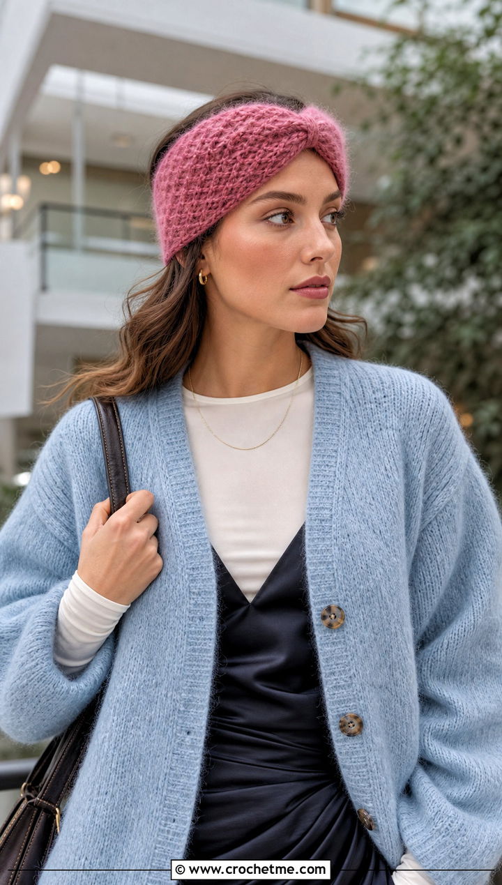 Mohair Twist Ear Warmer With Slip Dress And Cardigan - 25 Crochet Twist Ear Warmer outfit ideas