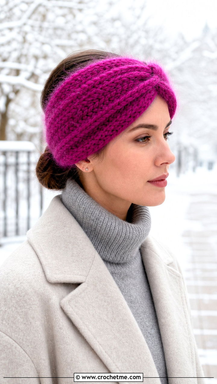 Mohair Twisted Knot Crochet Headband With Monochrome Knit Outfit - 15 Twisted Knot Crochet Headband outfit ideas