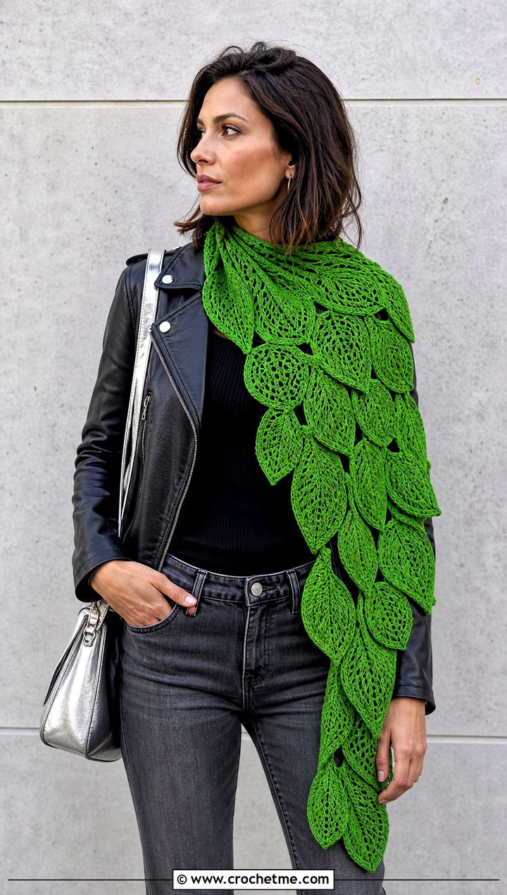 Moirae Leaves Scarf With Leather Jacket - 25 crochet leaf scarf outfit ideas