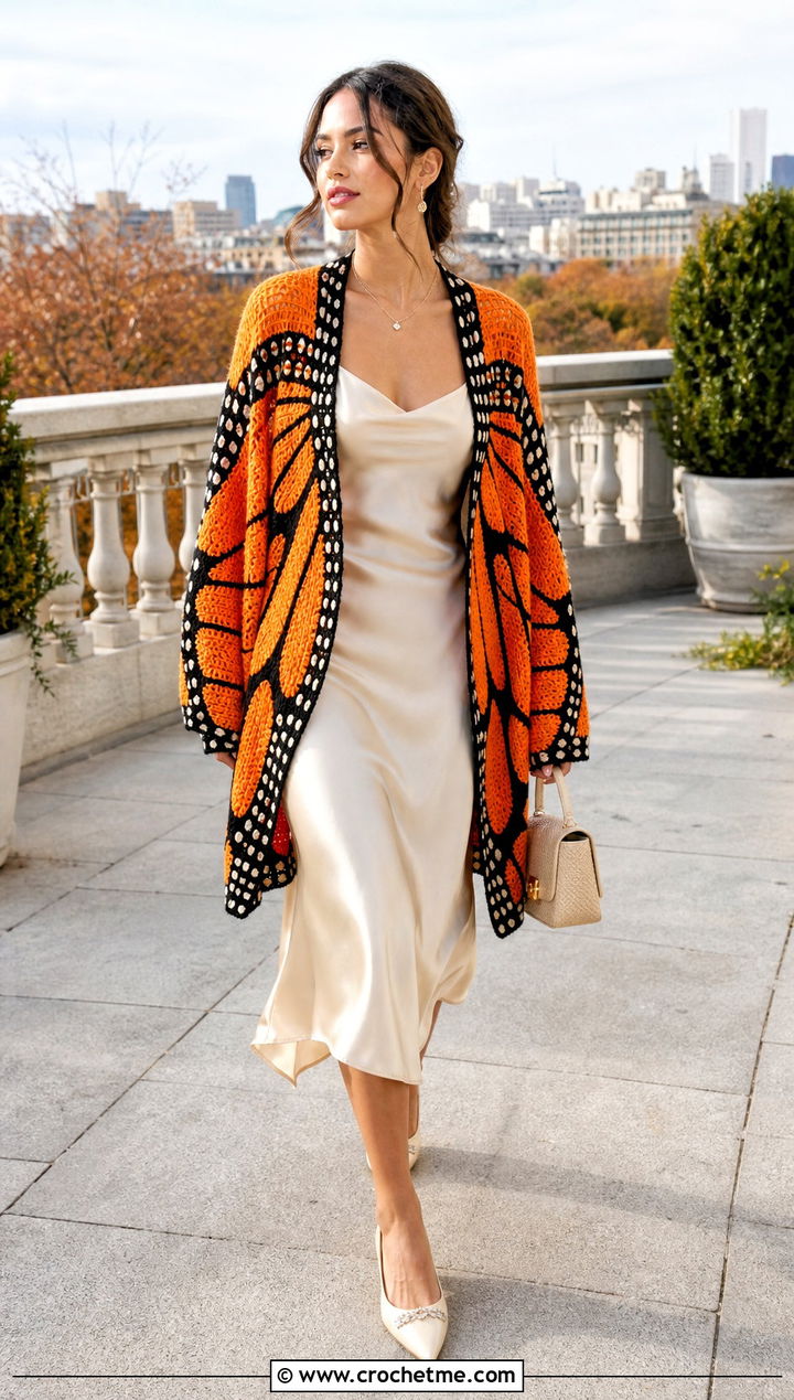 Monarch Butterfly Crochet Cardigan With Slip Dress - 15 Crochet Butterfly Clothes and outfit ideas