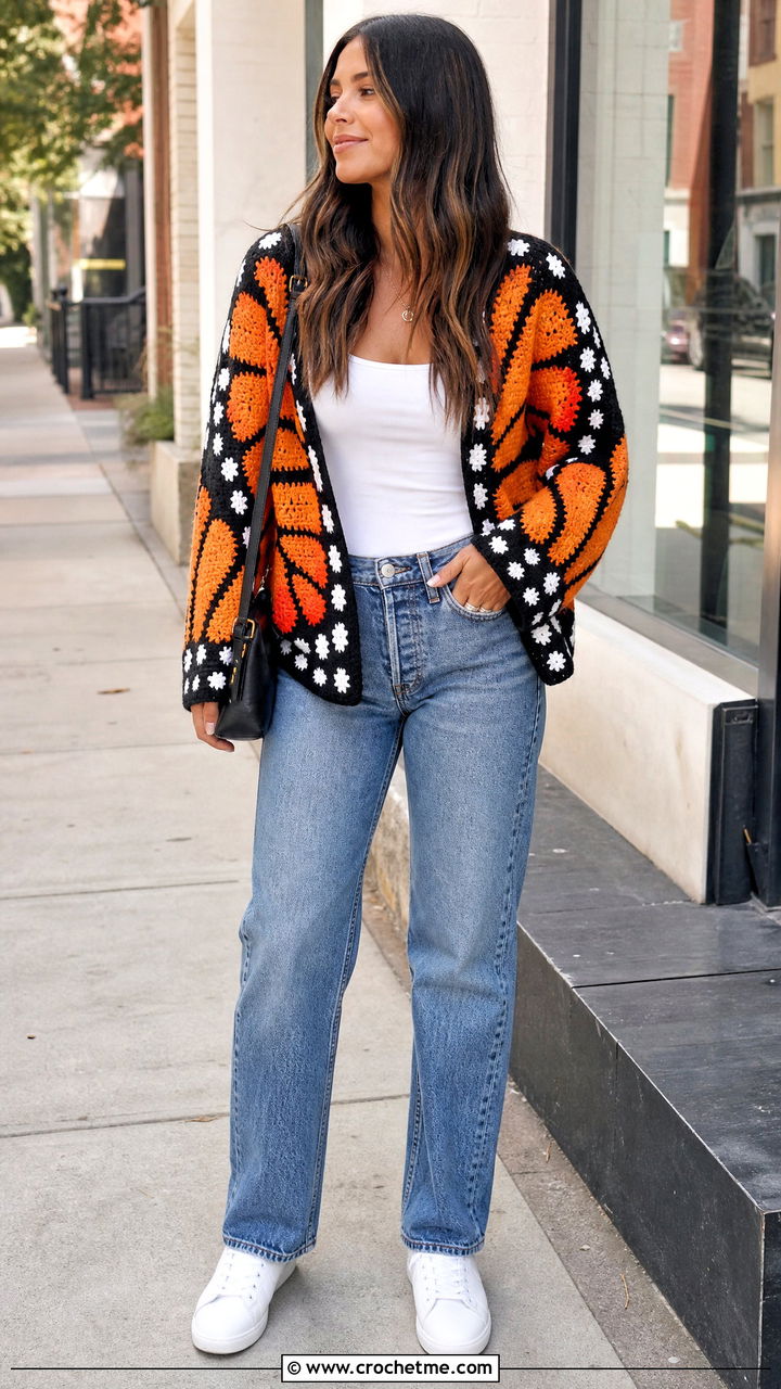 Monarch Crochet Butterfly Cardigan With Straight Leg Jeans - 35 crochet butterfly cardigan outfit ideas