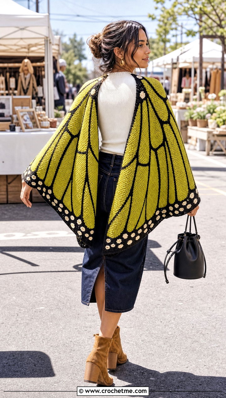 Monarch Wing Shawl With Denim Midi Skirt - 30 Crochet Wing Shawl outfit ideas