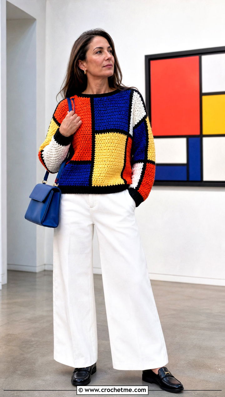 Mondrian Crochet Block Sweater With White Wide Leg Pants - 30 crochet block sweater outfit ideas
