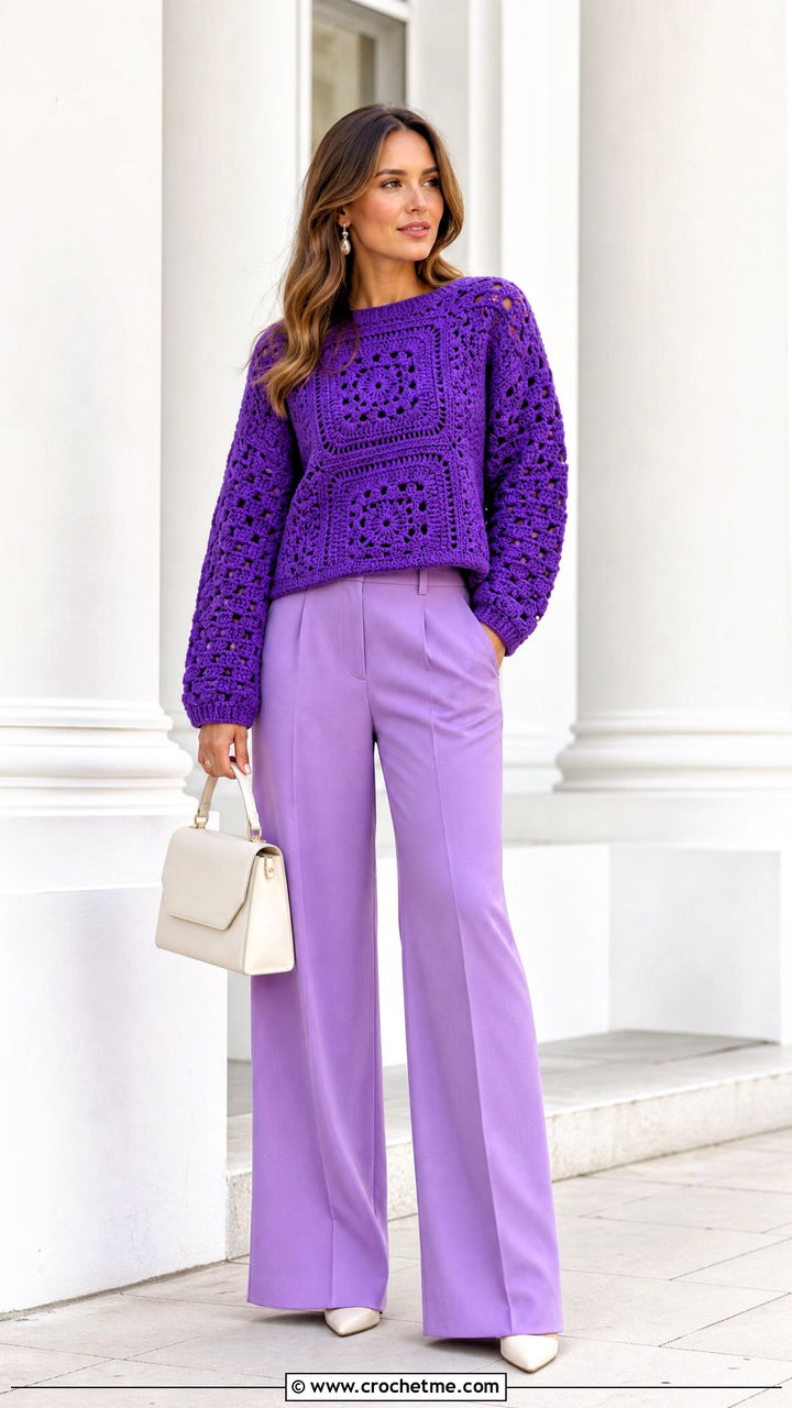 Monochrome Big Granny Square Sweater With Tonal Trousers - 35 big granny square sweater outfit ideas