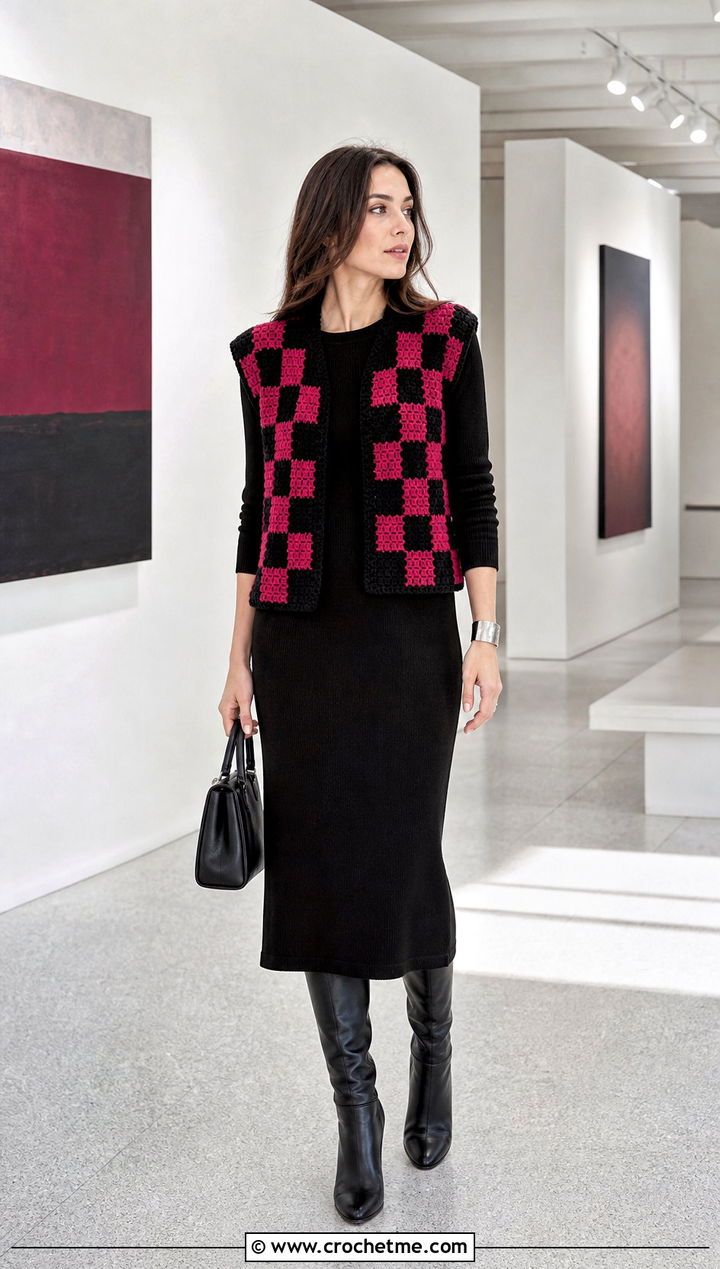 Monochrome Checkered Crochet Vest With Black Midi Dress - 30 checkered crochet vest outfit ideas