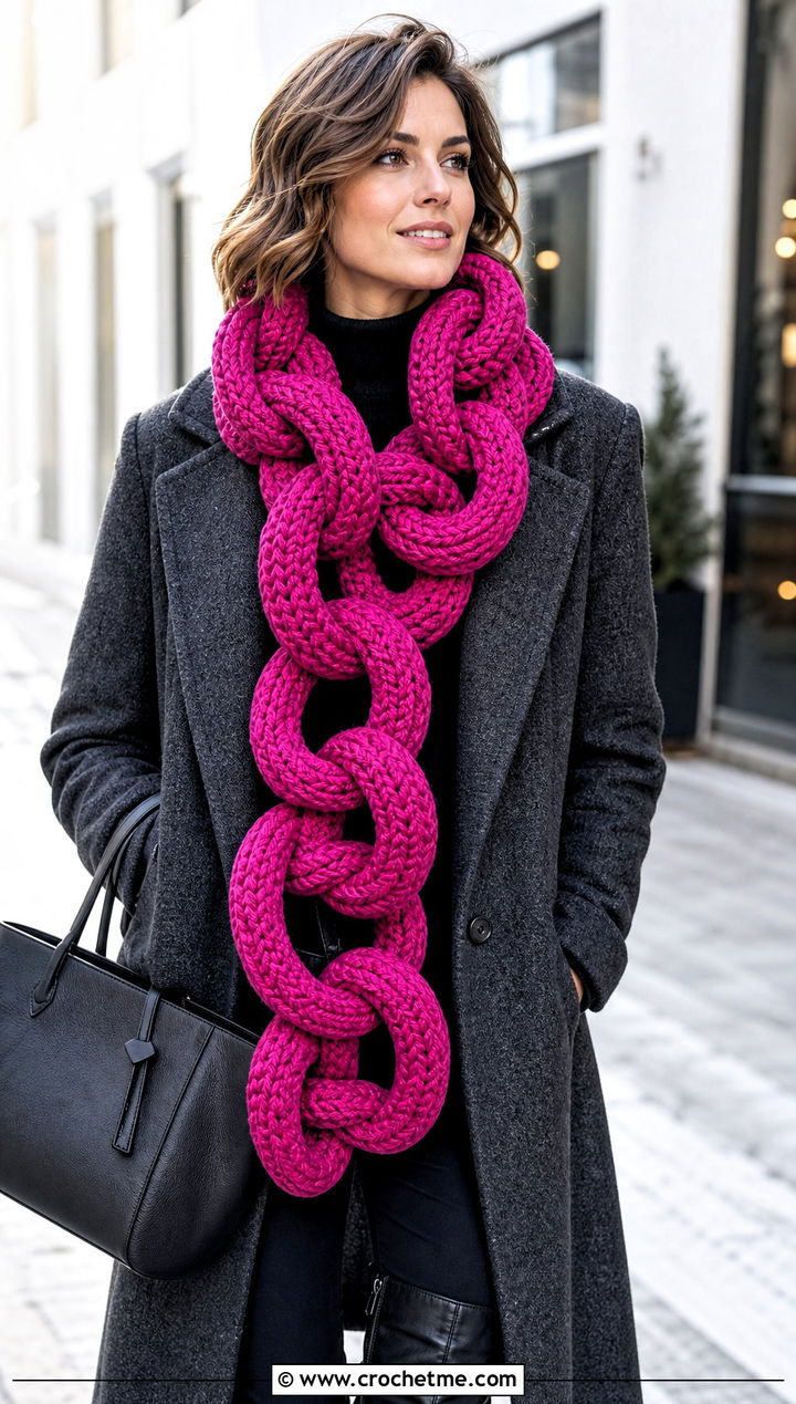 Monochrome Chunky Link Crochet Scarf With Wool Coat And Boots - 15 Chain Link Crochet Scarf outfit ideas