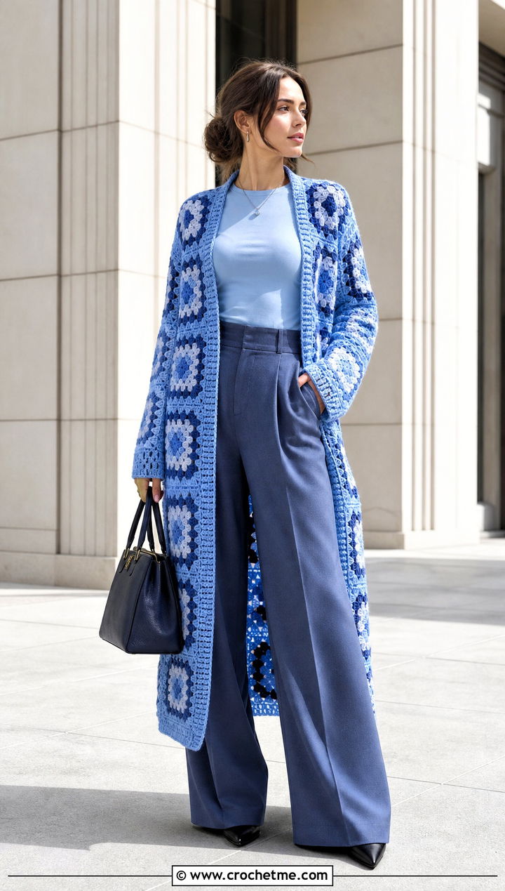 Monochrome Continuous Granny Square Cardigan With Matching Pants - 25 continuous granny square cardigan outfit ideas