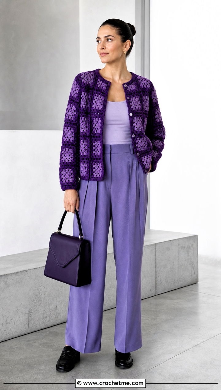 Monochrome Cotton Granny Square Cardigan With Pleated Trousers - 25 cotton granny square cardigan outfit ideas