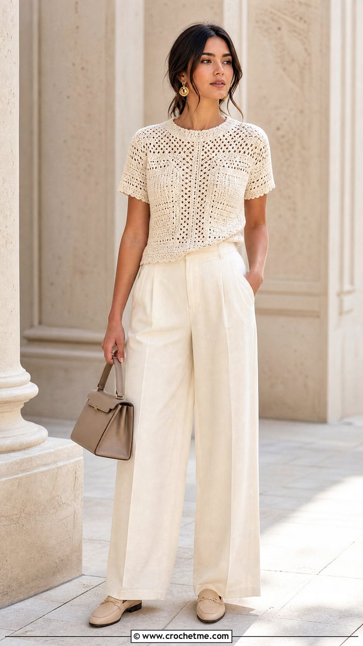 Monochrome Cream Crochet Top Outfit - 35 crochet top outfit ideas