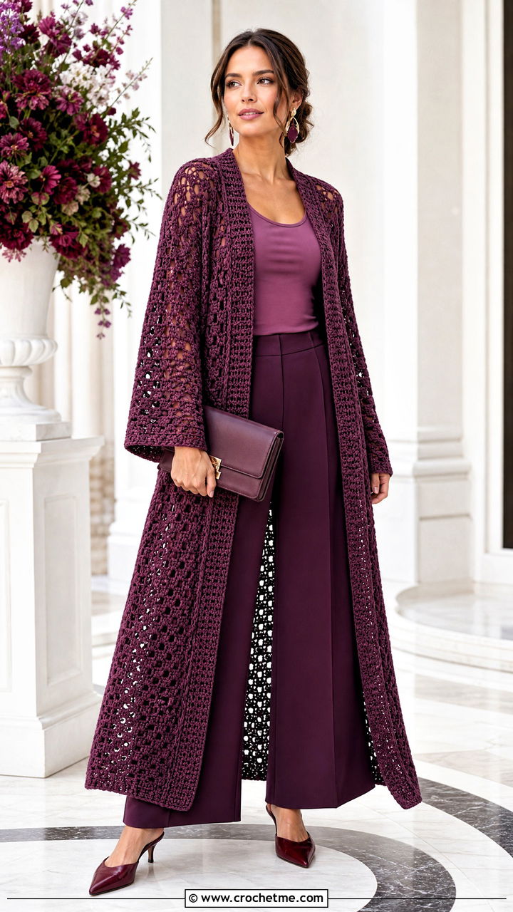 Monochrome Crochet Blanket Cardigan With Palazzo Pants - 35 crochet blanket cardigan outfit ideas