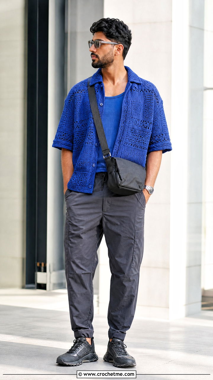 Monochrome Crochet Button Up Shirt With Utility Trousers - 35 crochet male shirt outfit ideas