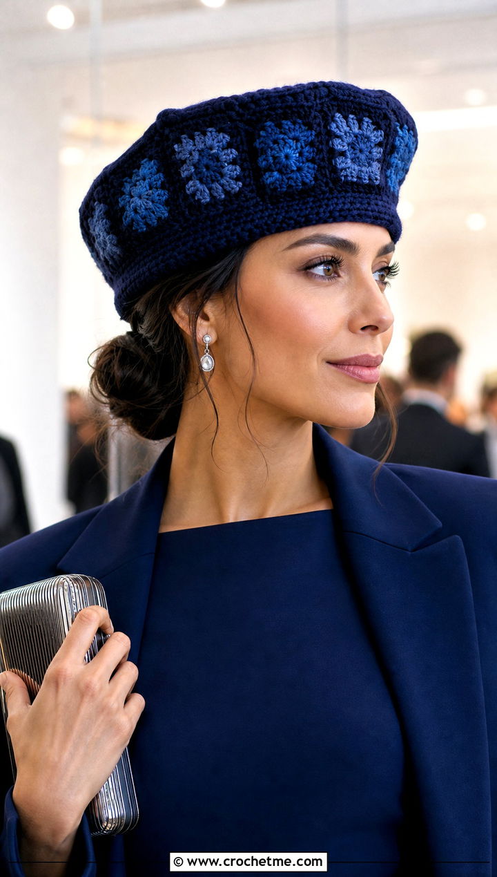 Monochrome Crochet Granny Square Beret With Column Dress And Blazer - 25 Crochet Granny Square Beret outfit ideas