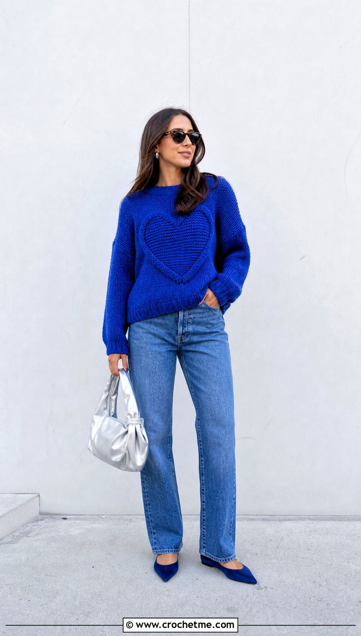 Monochrome Crochet Heart Sweater With Tonal Jeans - 35 crochet heart sweater outfit ideas