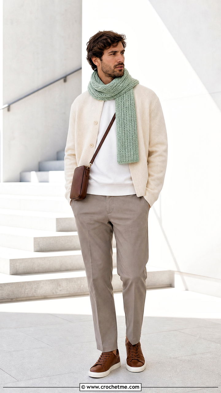 Monochrome Crochet Scarf With Minimalist Outfit - 35 men's crochet scarf outfit ideas