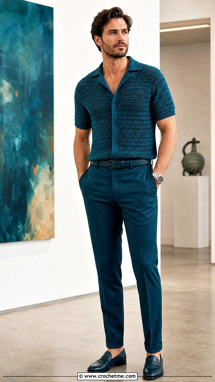 Monochrome Crochet Shirt With Tonal Trousers - 35 mens crochet shirt outfit ideas