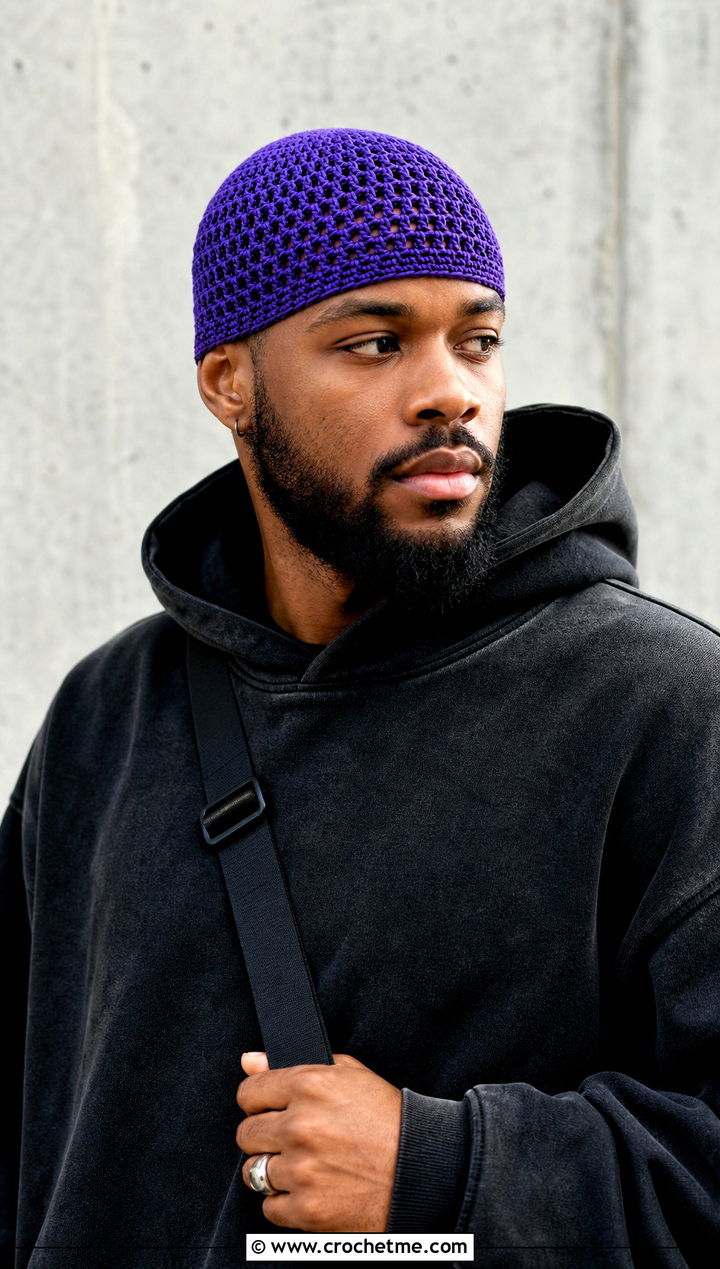 Monochrome Crochet Skull Cap With Hoodie And Loose Trousers - 25 Crochet Skull Cap For Men outfit ideas