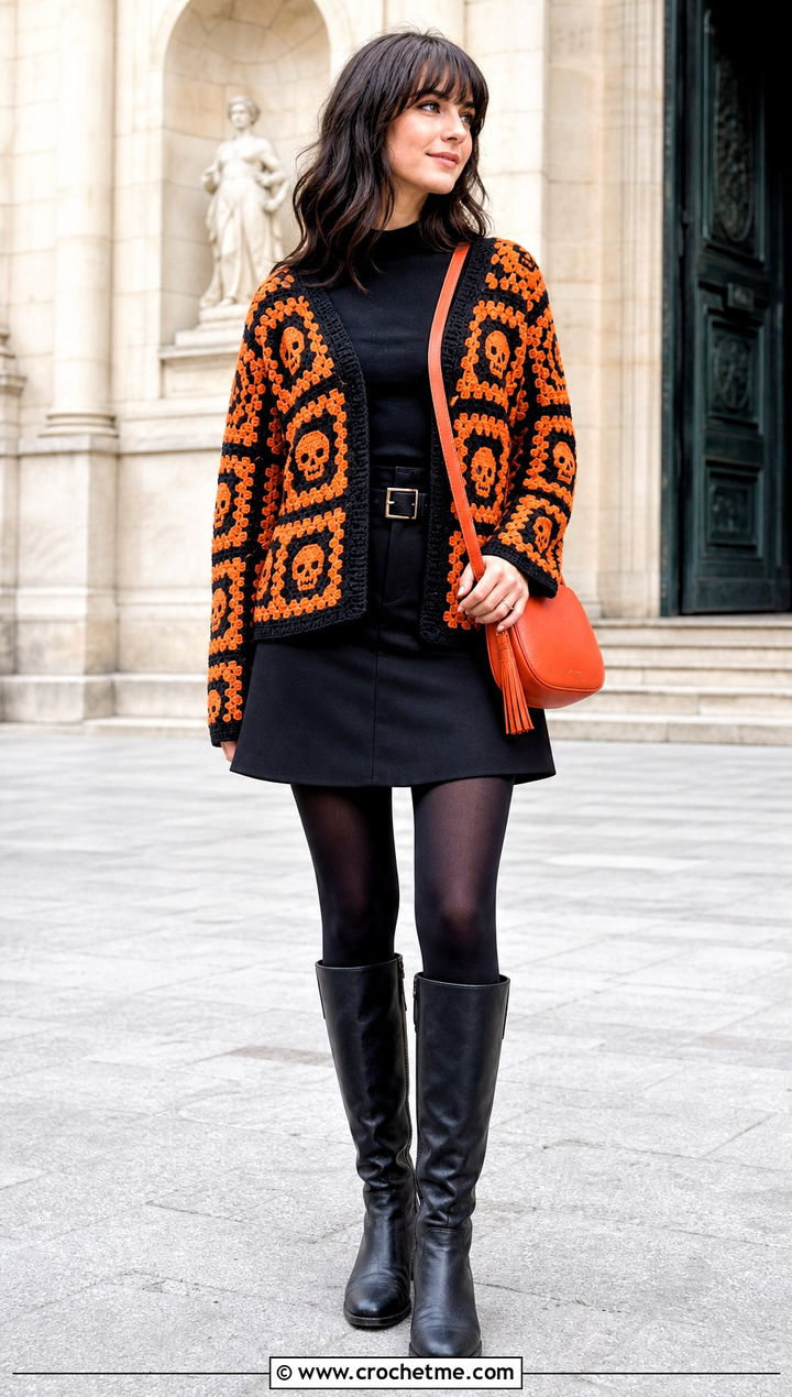 Monochrome Crochet Skull Granny Square Cardigan With A Mini Skirt - 25 crochet skull granny square cardigan outfit ideas