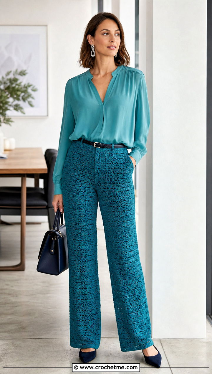 Monochrome Crochet Straight Leg Pants With Matching Blouse - 25 colorful crochet pants outfit ideas