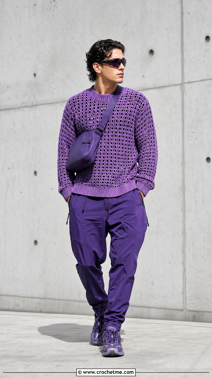 Monochrome Crochet Sweater With Technical Pants - 35 crochet sweater for men outfit ideas