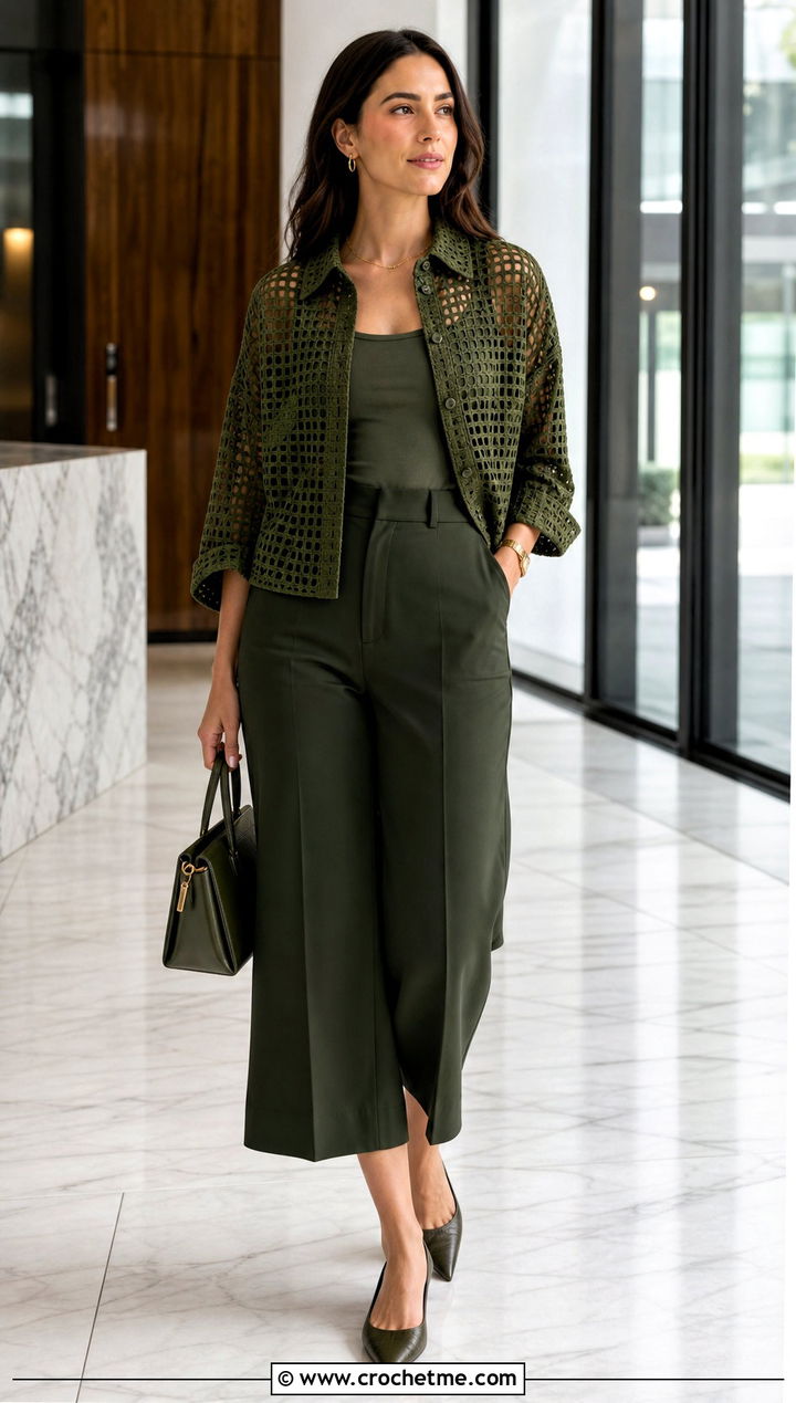 Monochrome Filet Crochet Shirt With Culottes - 30 filet crochet shirt outfit ideas