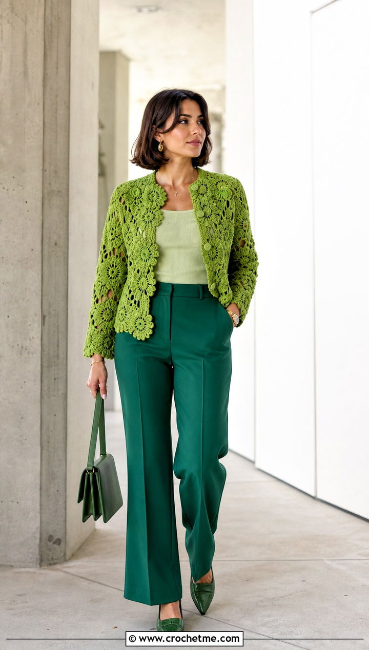 Monochrome Flower Crochet Cardigan With Matching Trousers - 25 Flower Crochet Cardigan outfit ideas