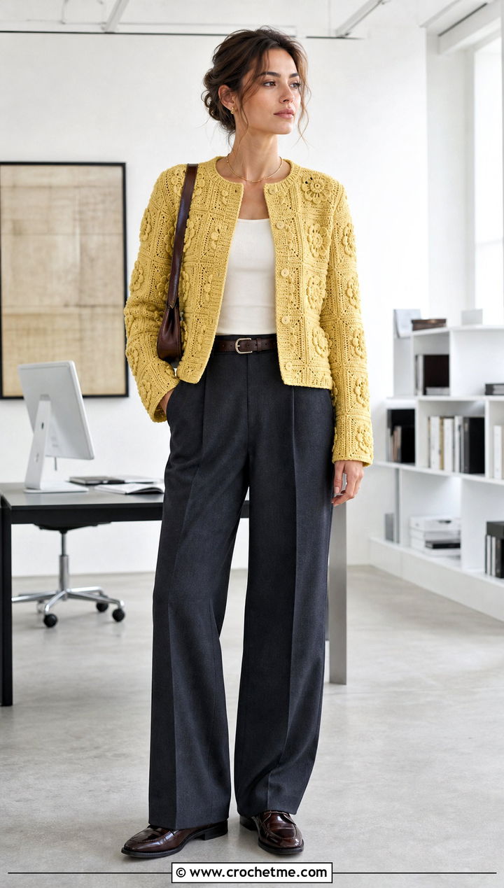 Monochrome Flower Square Cardigan With Suit Trousers - 30 crochet flower cardigan outfit ideas