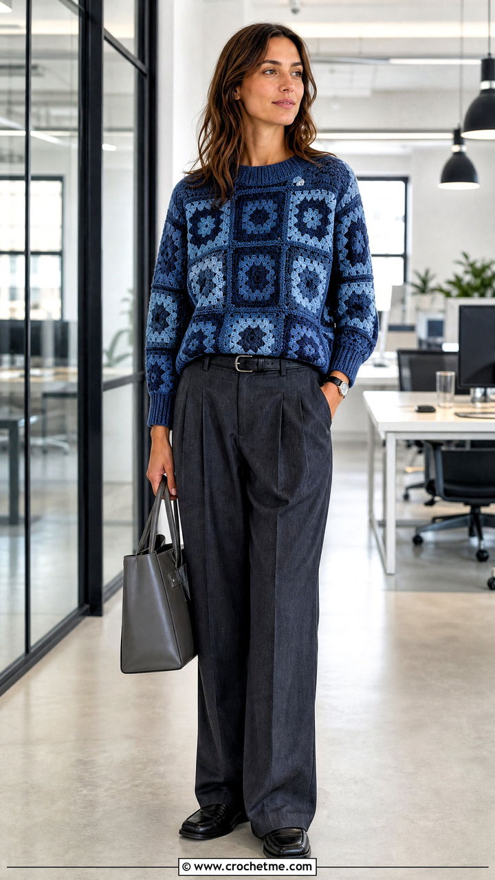 Monochrome Geometric Granny Square Jumper With Pleated Trousers - 35 crochet granny square jumper outfit ideas
