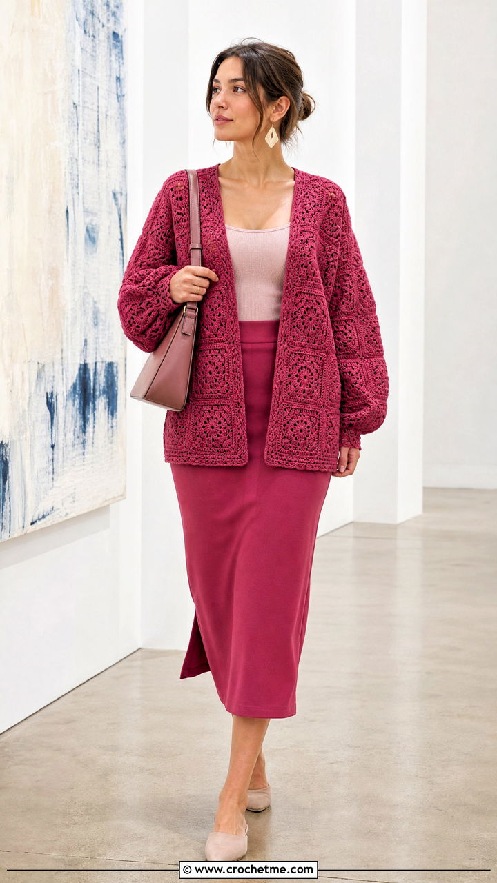 Monochrome Granny Cardigan With Column Skirt - 35 crochet granny cardigan outfit ideas