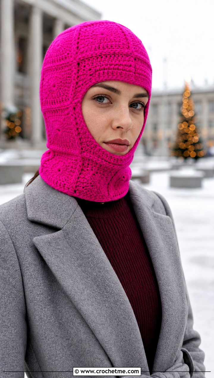 Monochrome Granny Square Balaclava With Sweater Dress - 30 crochet granny square balaclava outfit ideas