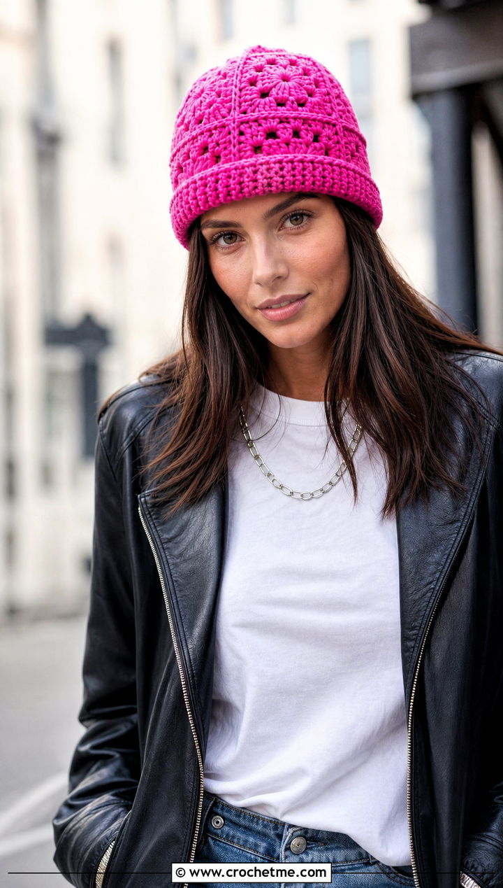 Monochrome Granny Square Beanie With Leather Jacket - 30 crochet square hat outfit ideas