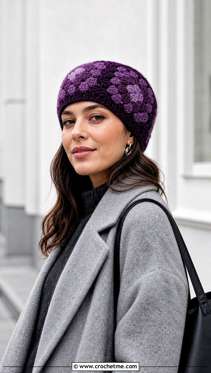 Monochrome Granny Square Beanie With Long Coat - 30 granny square beanie outfit ideas
