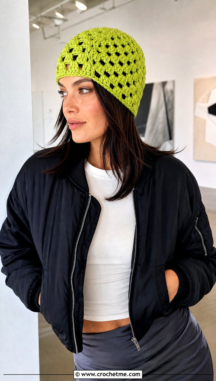 Monochrome Granny Square Beanie With Satin Skirt - 25 square crochet beanie outfit ideas